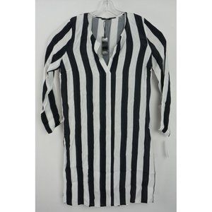 New Carla G AFAP Women's EU Size 42 White Black Block Stripe Crepe V-Neck Blouse